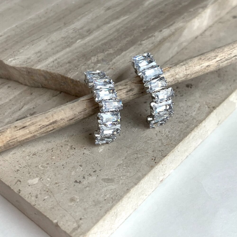 NEW~ Anthropologie Stacked Crystal Half Hoop Silver Earrings